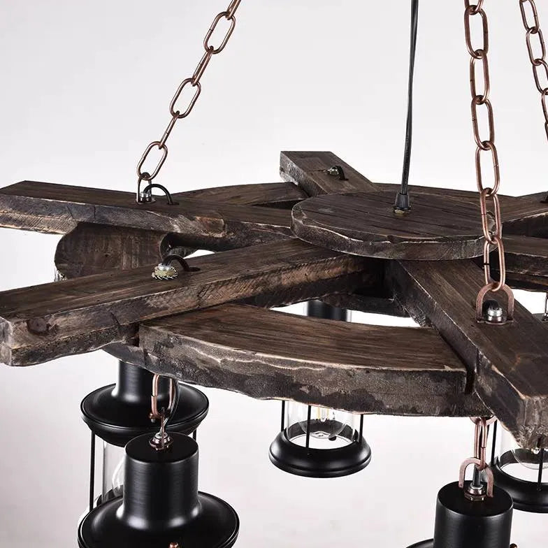 Wooden Wheel Shaped Multi-Light Industrial Chandelier