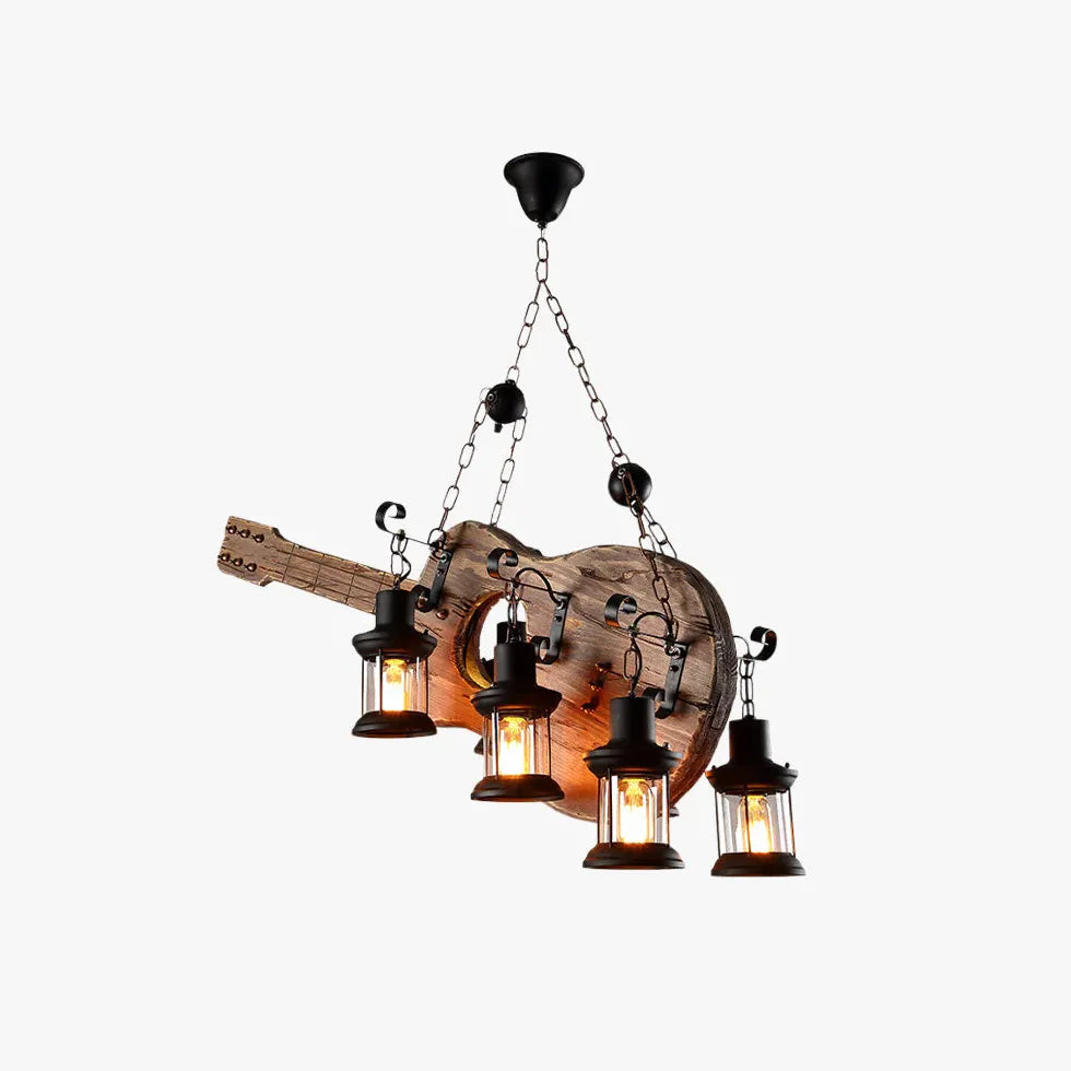 Guitar-Shaped Multi-Light Wooden Vintage Pendant Light