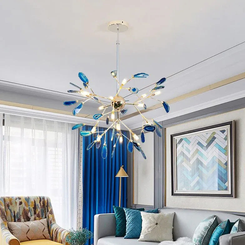 Blue Bedroom with Agate Decor Modern Chandelier