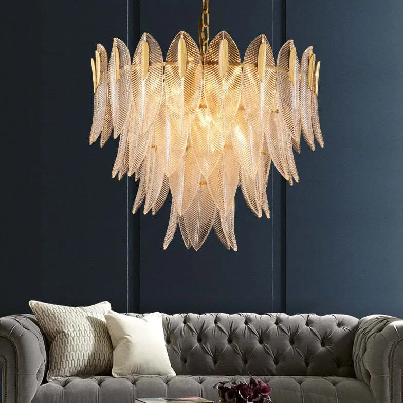 Unique Leaf-Shaped Gold Crystal Pendant Light