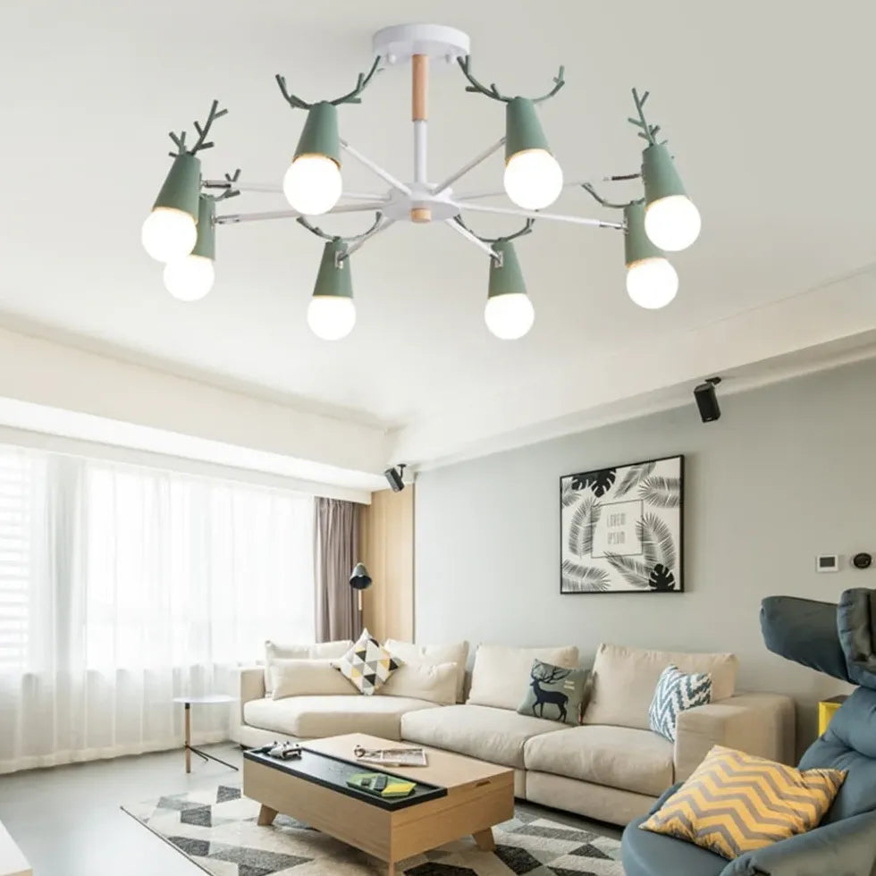 Multi-Armed Deer Head Wooden Chandelier